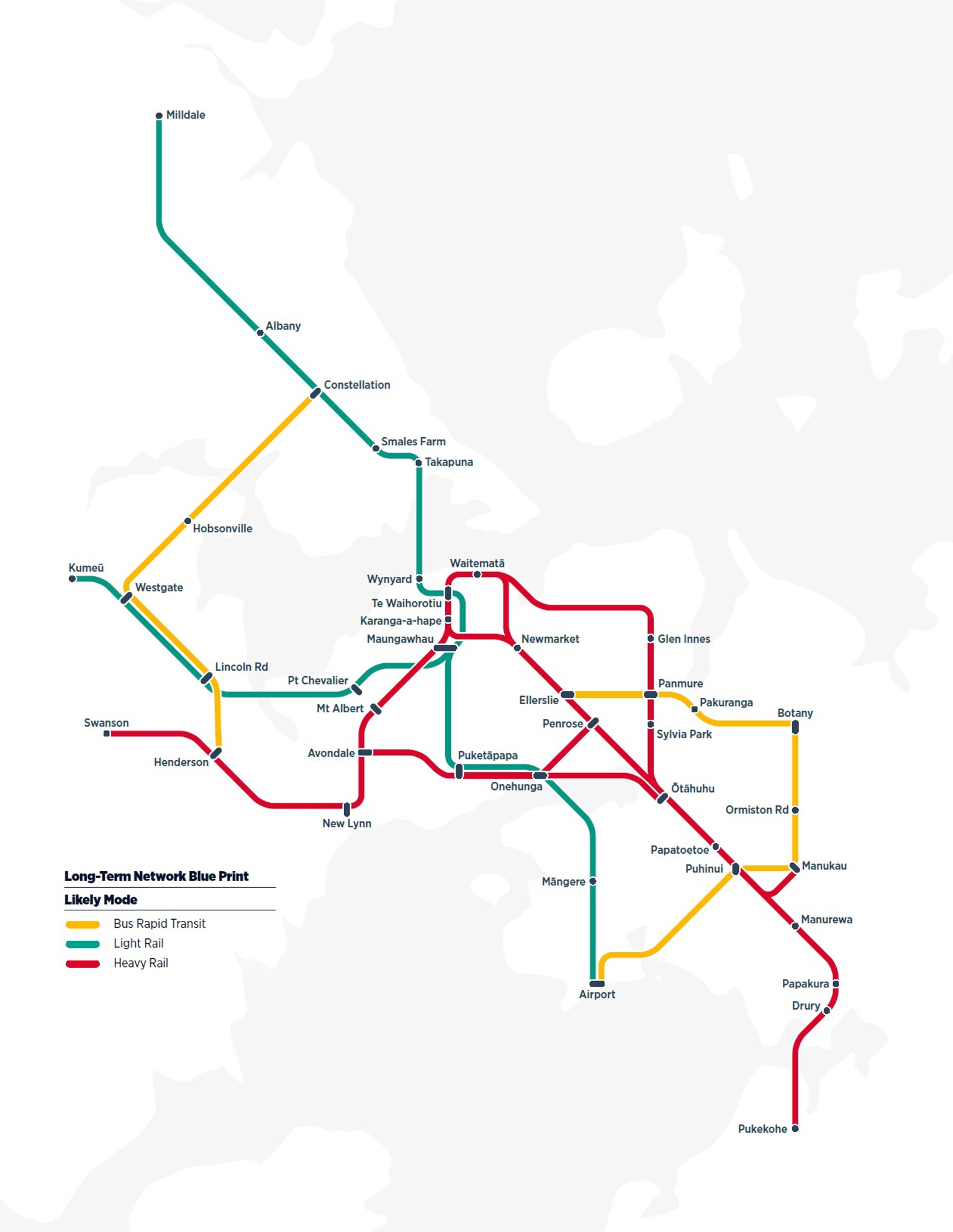 Schematic of the long-term network laid out in the Auckland Rapid Transit Pathway