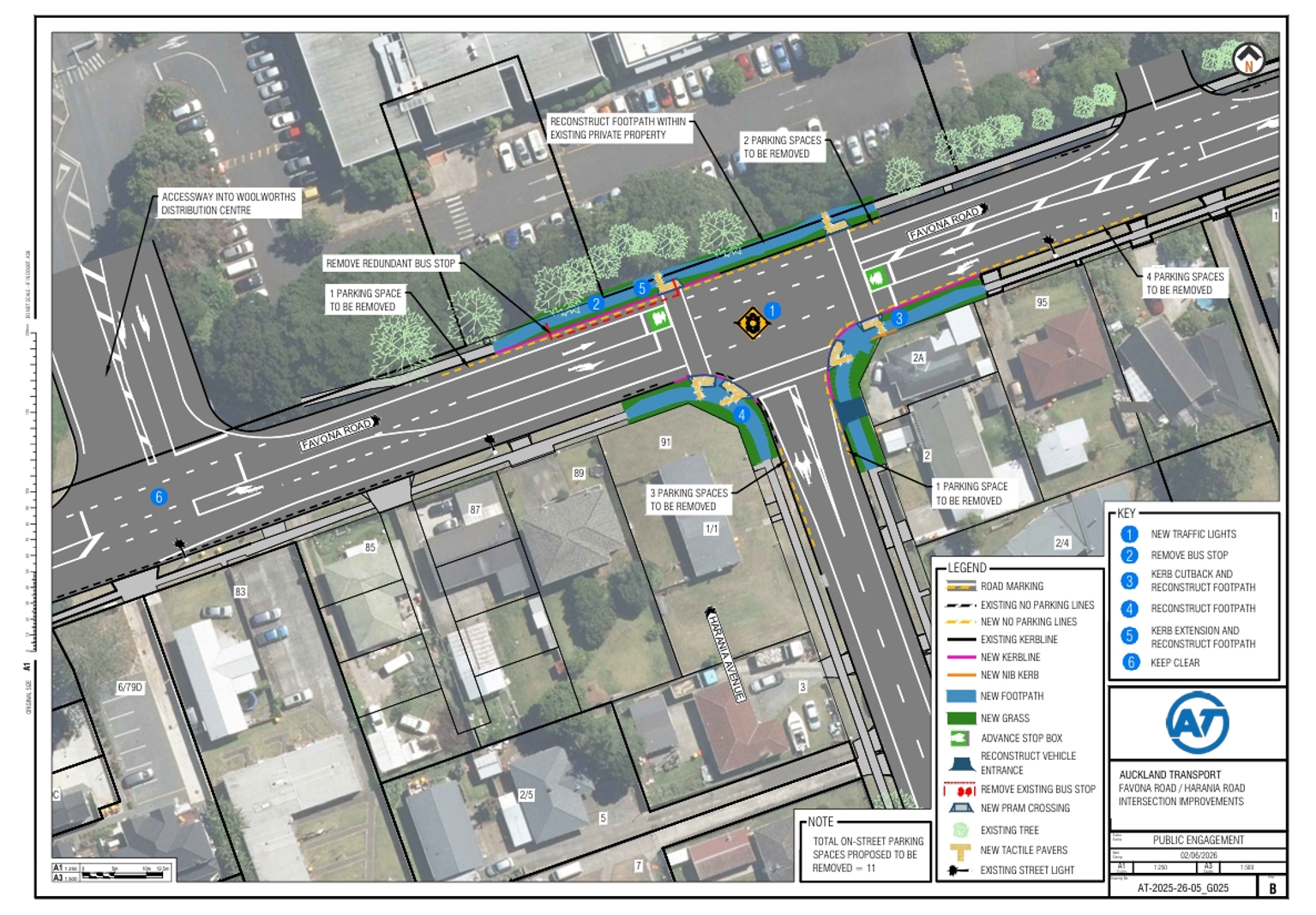 Map showing the proposed changes to the Favona Road and Harania Avenue intersection in Favona.