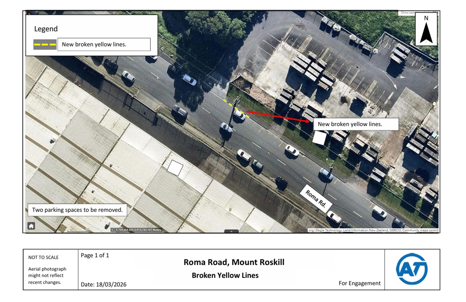 Aerial photo showing Roma Road in Mt Roskill with the proposed location of the new broken yellow lines.