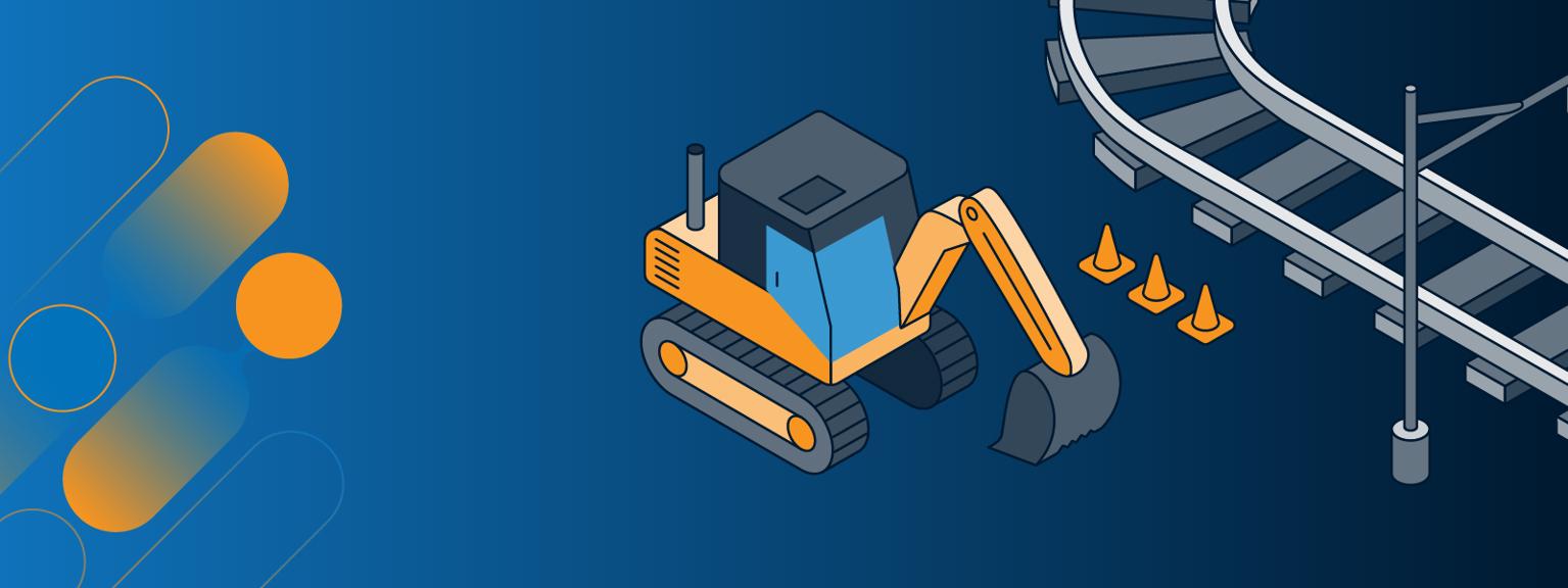 Cartoon image of a digger working next to a railway. 