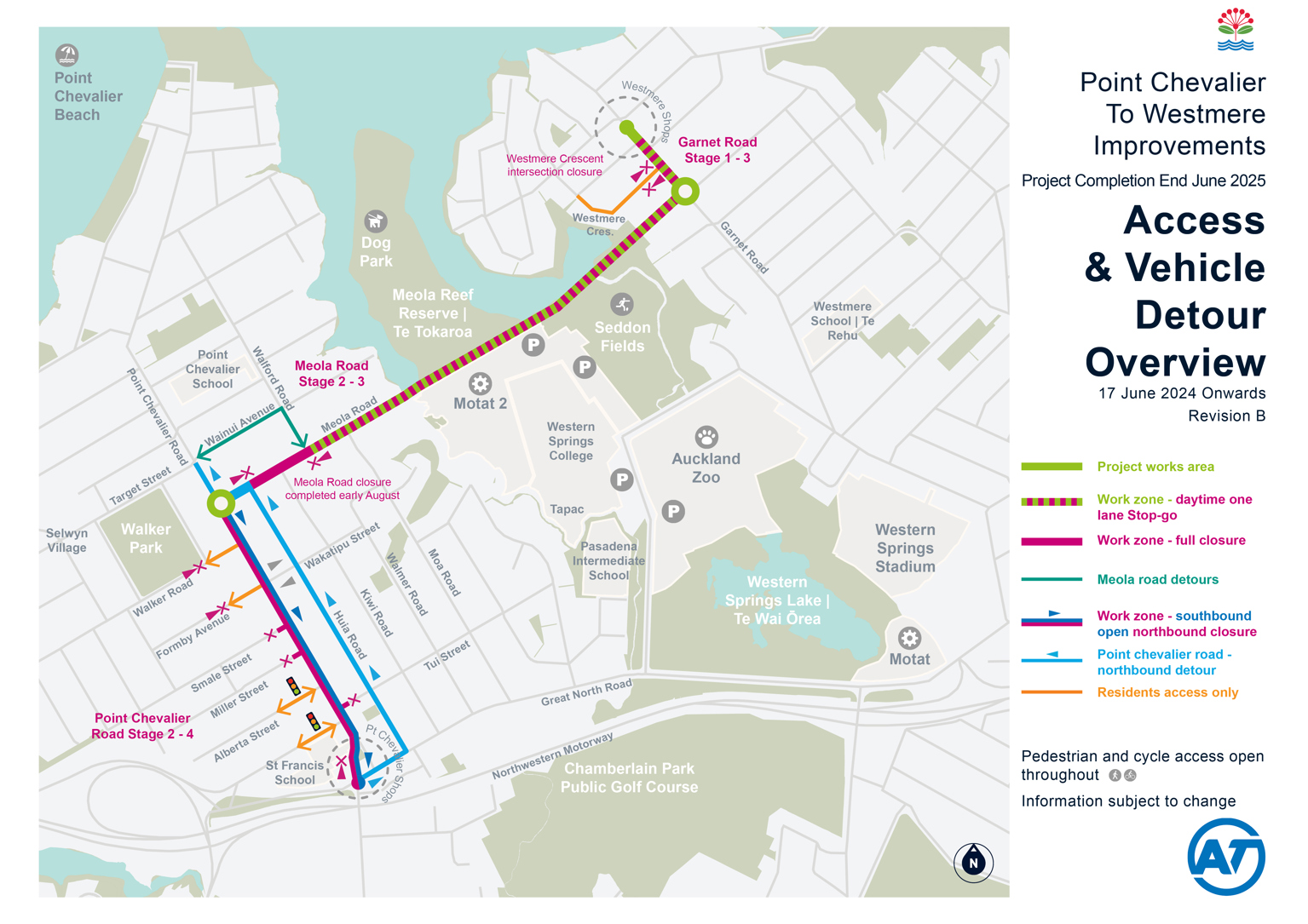 Map showing access and vehicle detours during the Point Chevalier to Westmere improvement work
