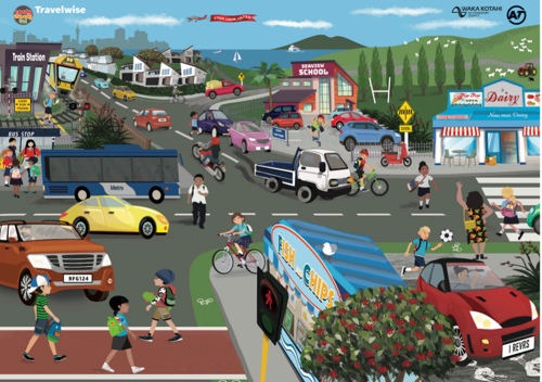 A cartoon image of a busy town centre with pedestrians, cars, buses and cyclists.