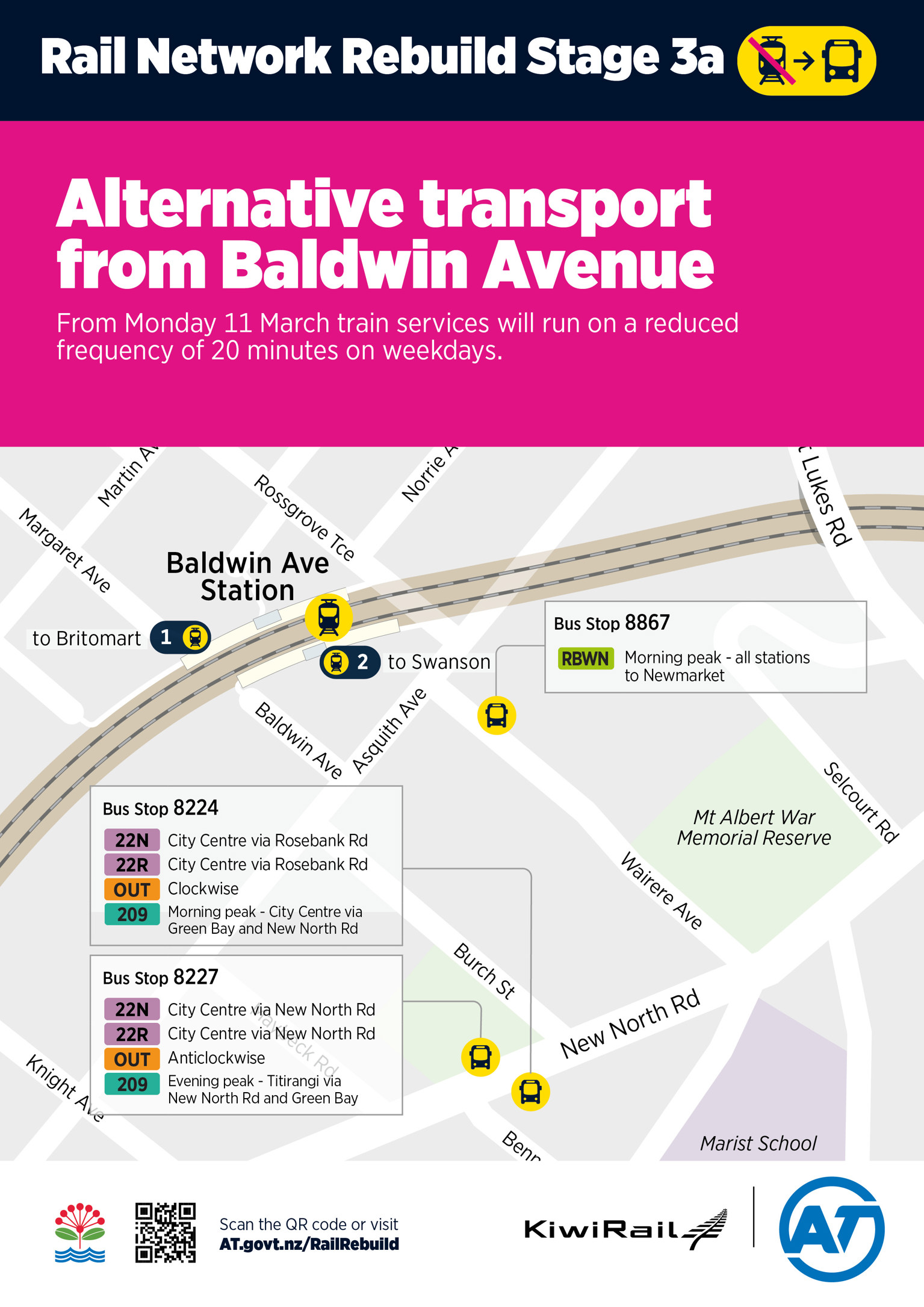 Poster showing alternative transport options from Baldwin Avenue Station during Stage 3 of the Rail Network Rebuild