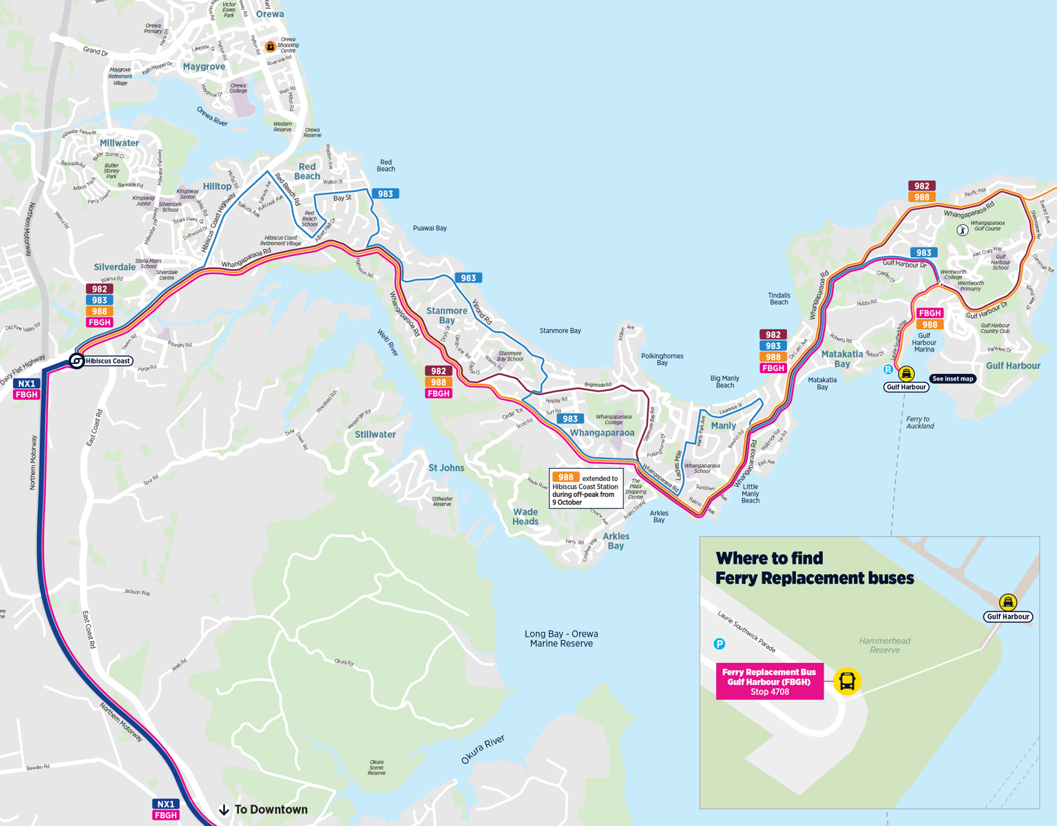 Map showing the ferry replacement bus routes available for the Gulf Harbour ferry.