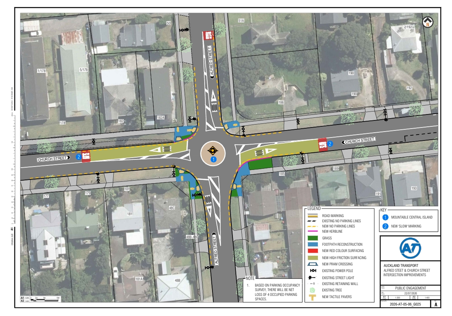 Map showing the proposed changes for the Alfred Street and Church Street roundabout.