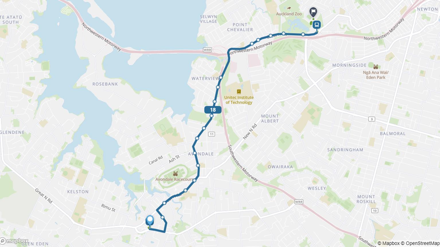 Map showing New Lynn to Western Springs Stadium bus journey