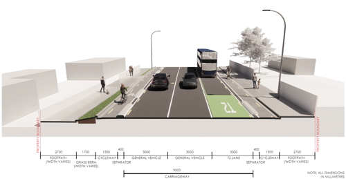 A cross-section of south of Carrington Road looking north.