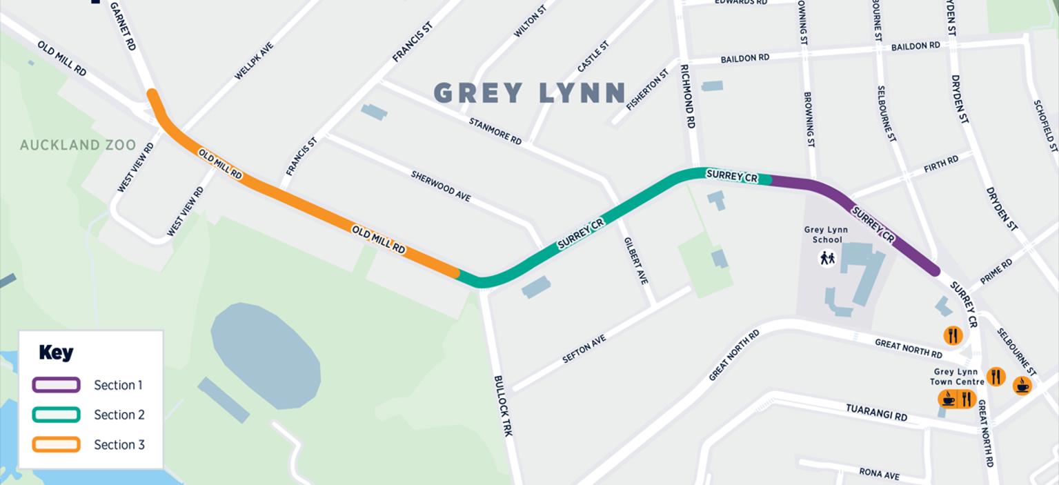 Map showing the location of the Surrey Crescent and Old Mill Road works, in three different colours to highlight stage 1, 2 and 3.