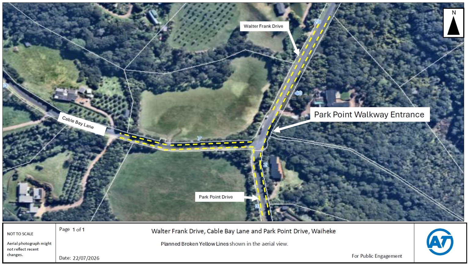 Overhead photograph of Park Point Drive, Cable Bay Lane and Walter Frank Drive showing where the broken yellow lines will be painted.