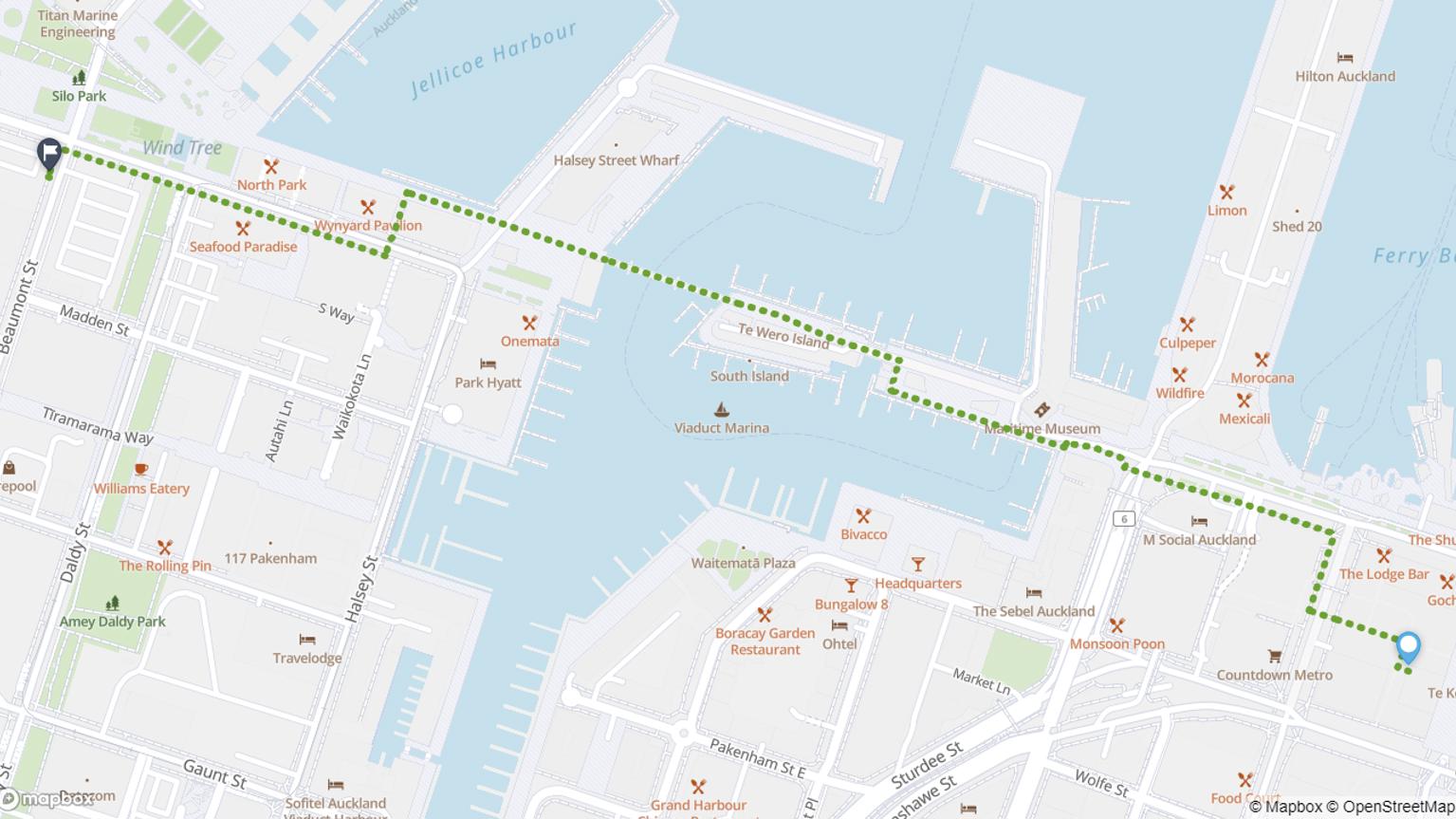 Map showing Commercial Bay to Wynyard Quarter walking route