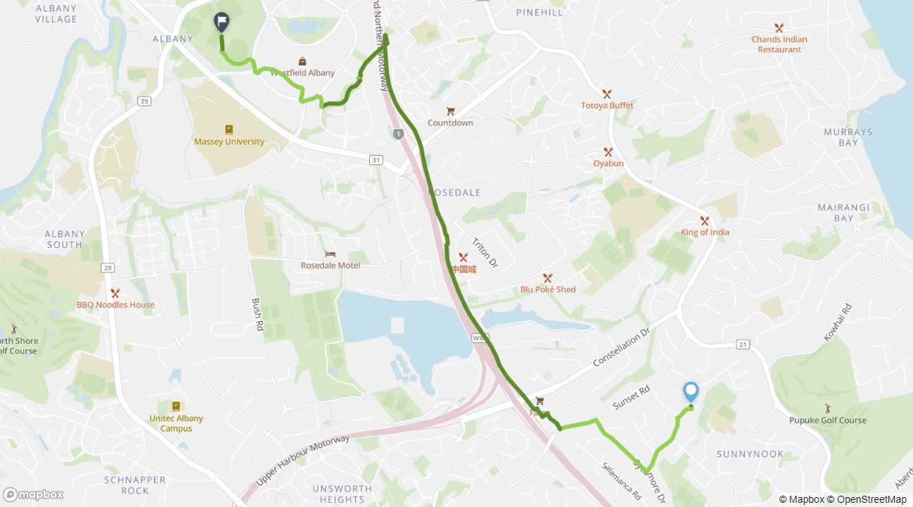 Sunnynook to North Harbour Stadium cycle route map