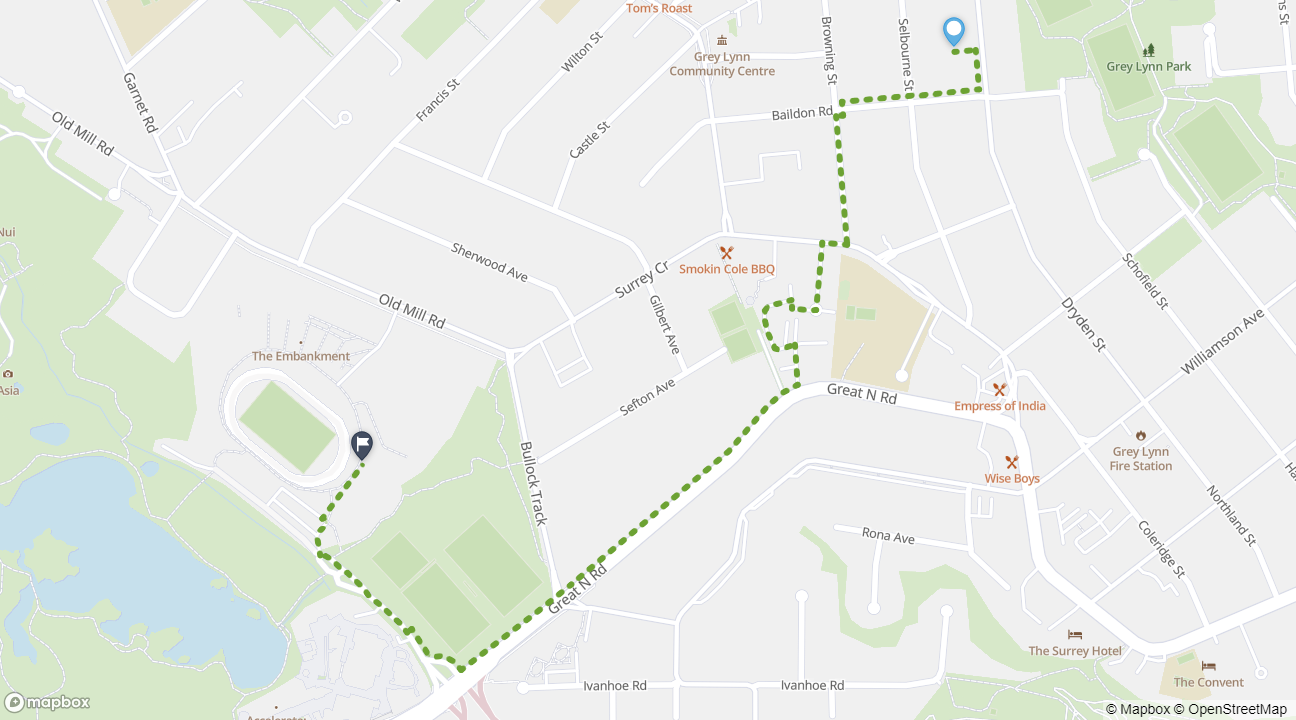 Map showing Grey Lynn to Western Springs Stadium walking journey