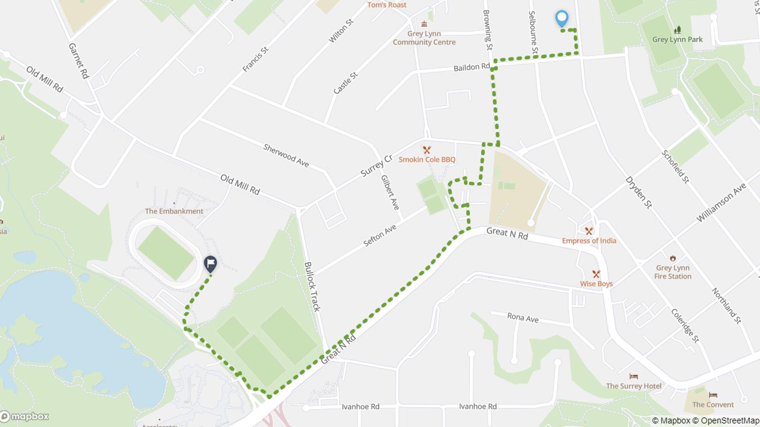 Map showing Grey Lynn to Western Springs Stadium walking journey