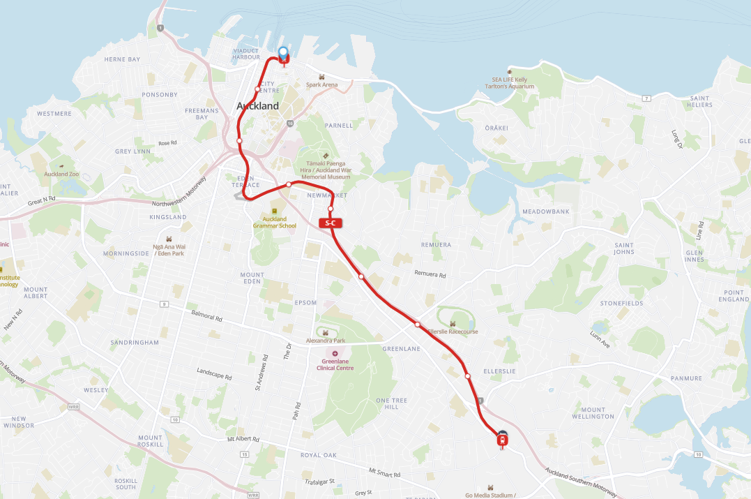 Waitematā Station to Penrose Station train route map