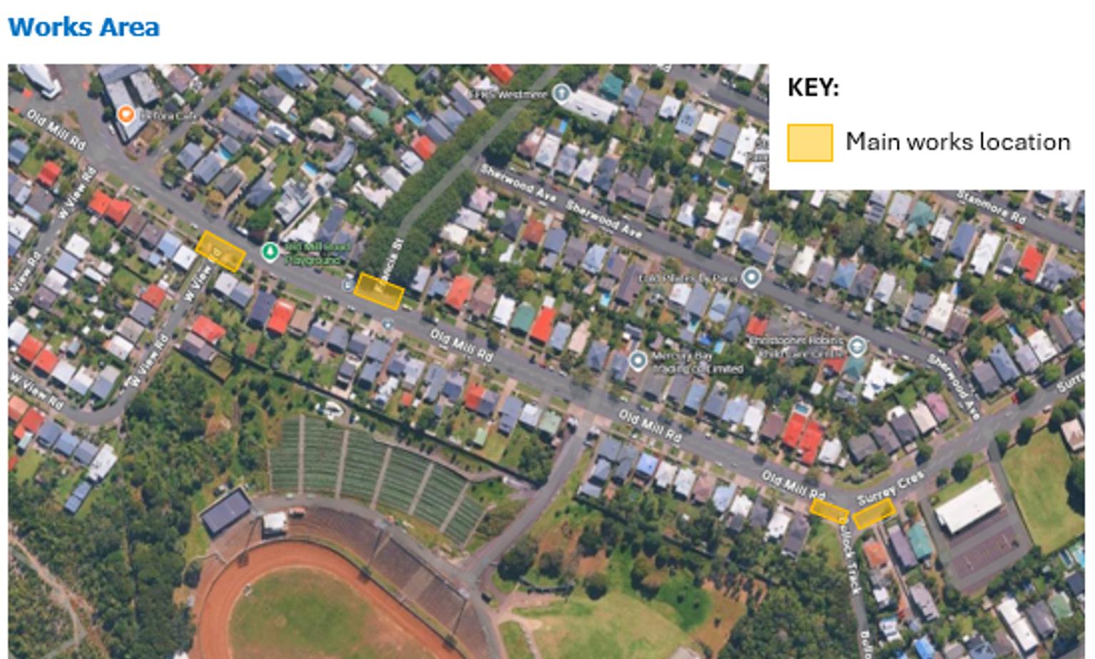 Map showing Old Mill Road work areas in January 2025.
