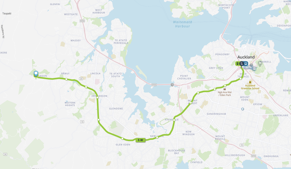 Swanson to Auckland Domain train journey map