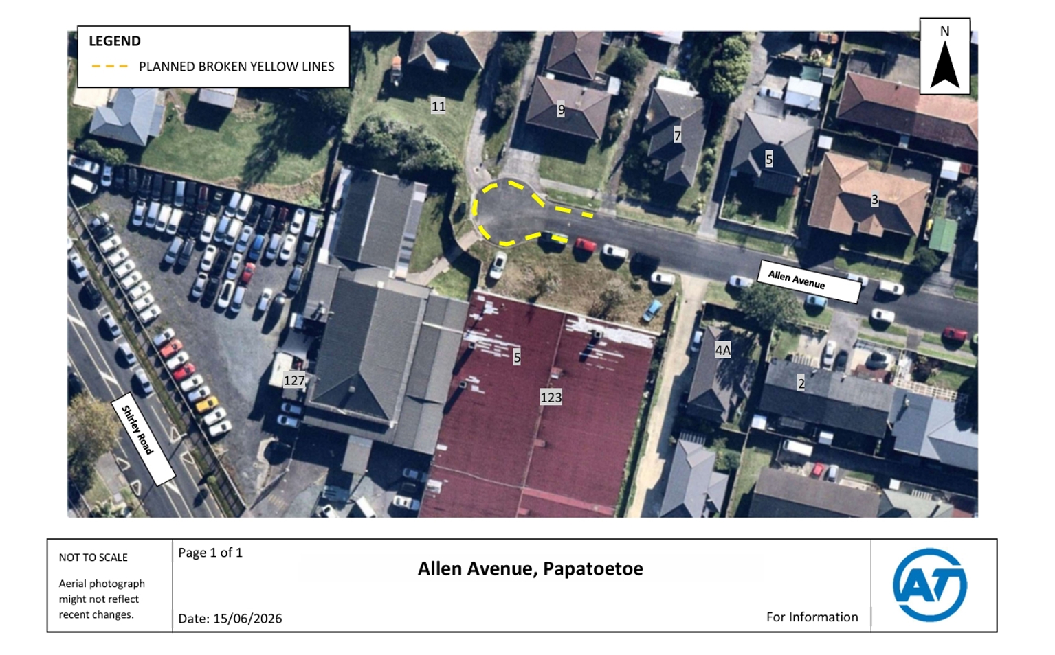 Satellite image showing the location of the new broken yellow lines on Allen Avenue in Papatoetoe.