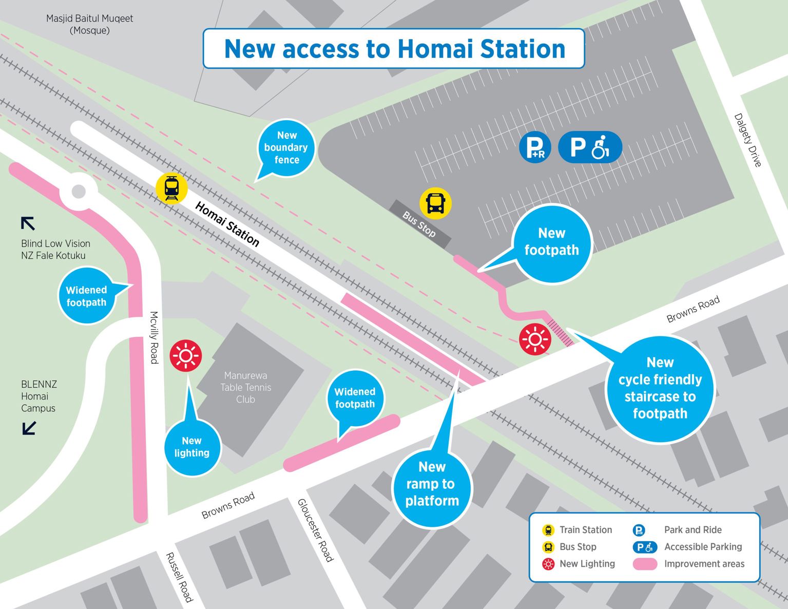 Map showing the new ways to access Homai Station after construction finishes.