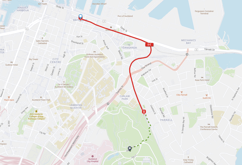 Train journey from City Centre to Auckland Domain map