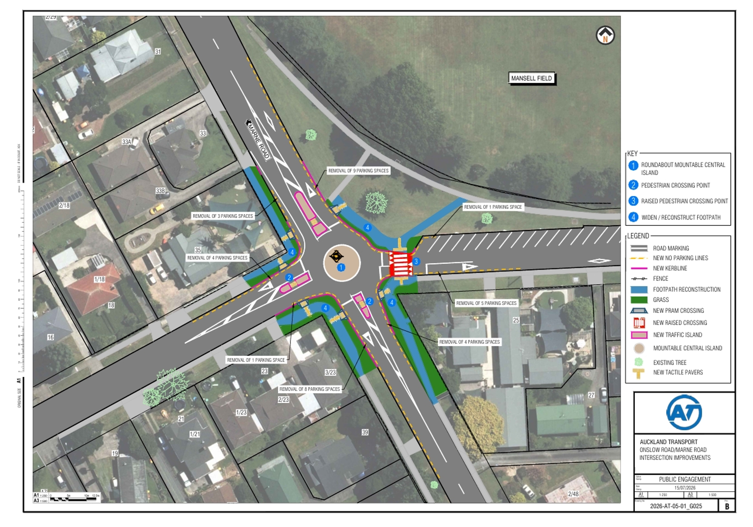 Map showing the planned changes to the Marne Road and Onslow Road intersection.
