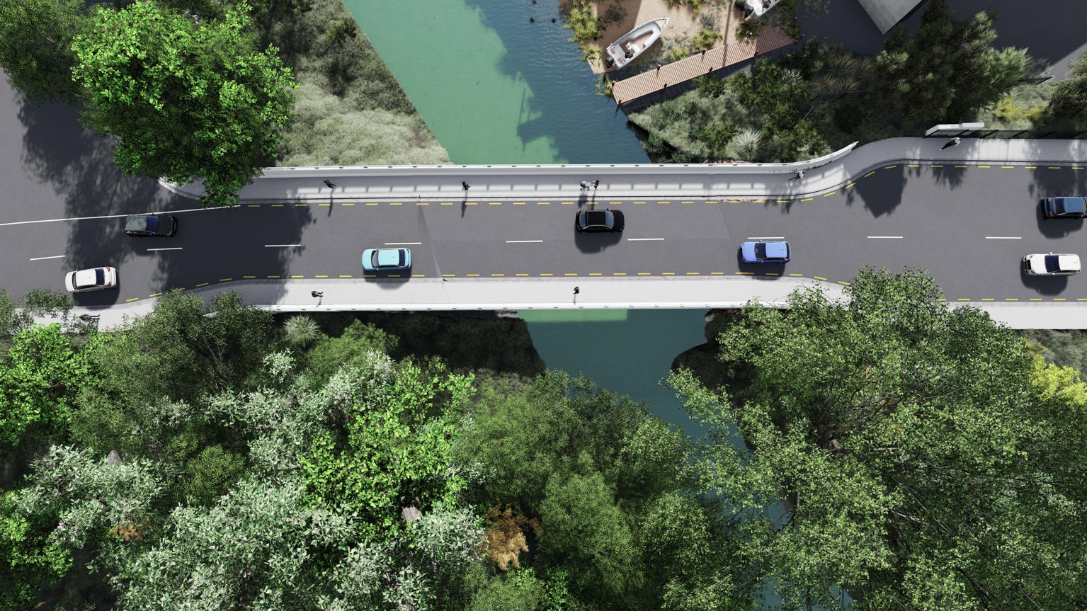 Image showing the proposed Inga Road Bridge from the air.