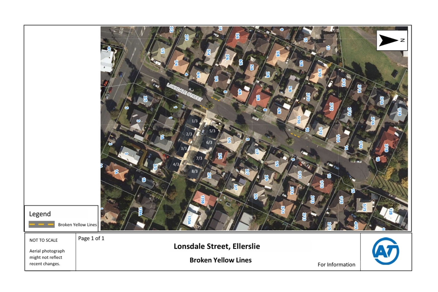 Satellite photo showing the location of the planned new broken yellow lines on Lonsdale Street, Ellerslie.