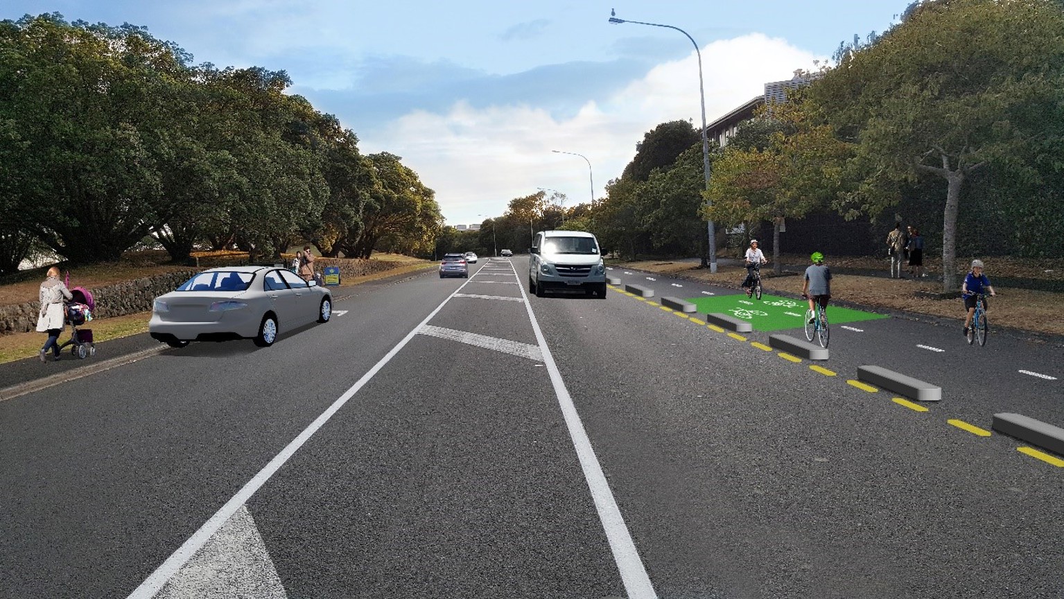 Image showing both lanes of Morrin Road, along with cycleways and sidewalk.