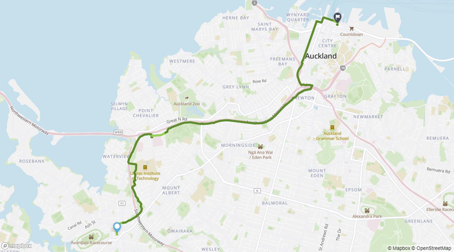 Map showing cycling route from Avondale Station to Waitematā Station (Britomart)