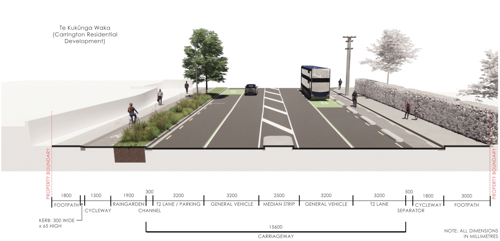 A cross-section of north of Carrington Road looking north.