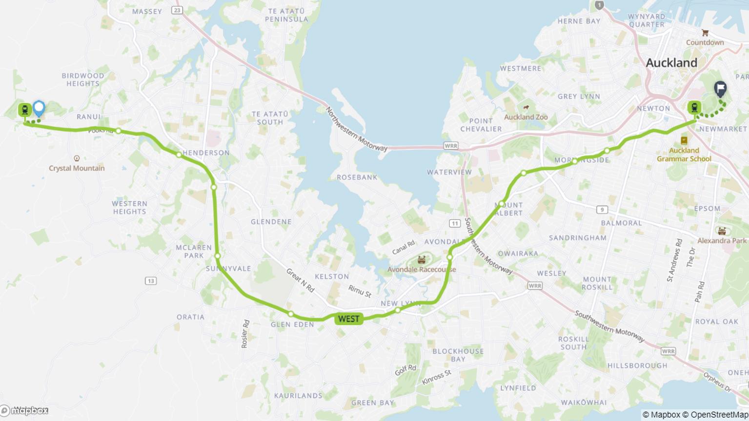 Swanson to Auckland Domain train journey map