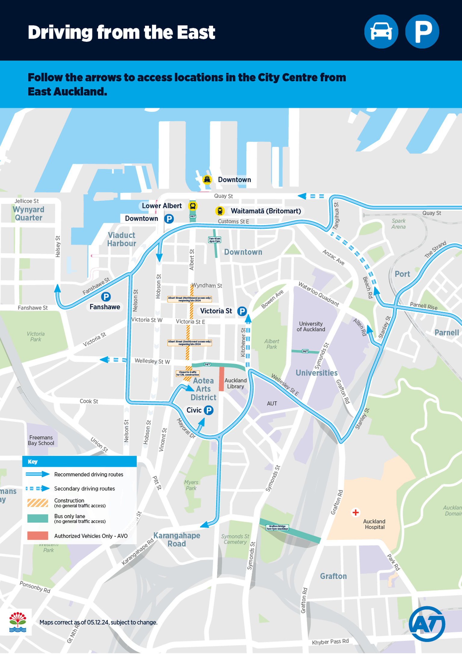 Map showing how to access locations in the Auckland city centre from east Auckland.