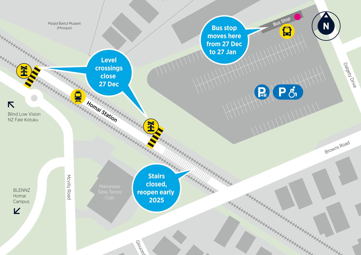 Map showing crossings closing at Homai Station.