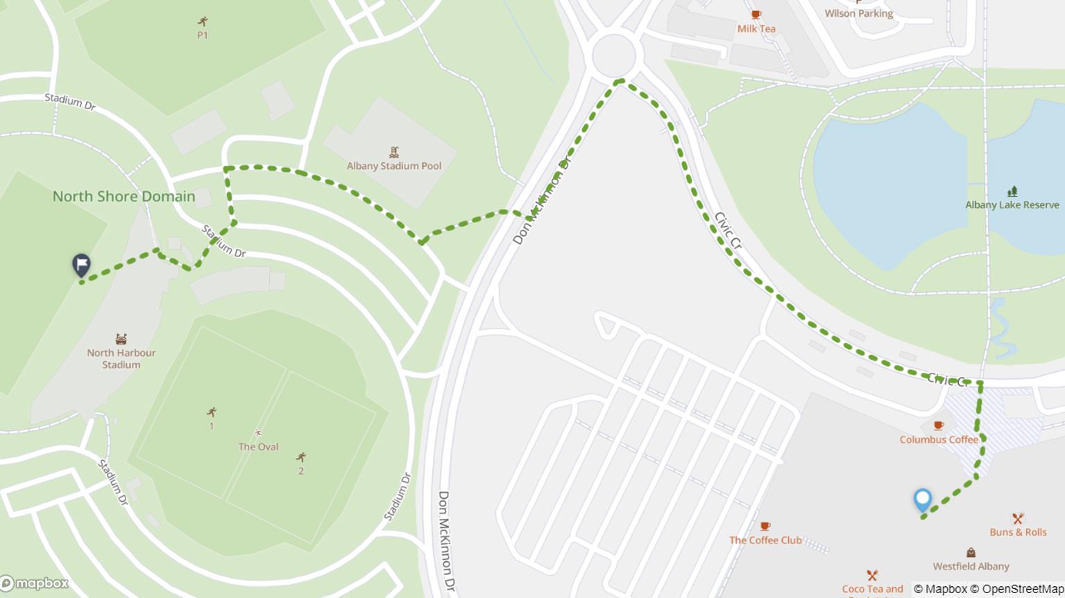 Westfield Albany to North Harbour Stadium map