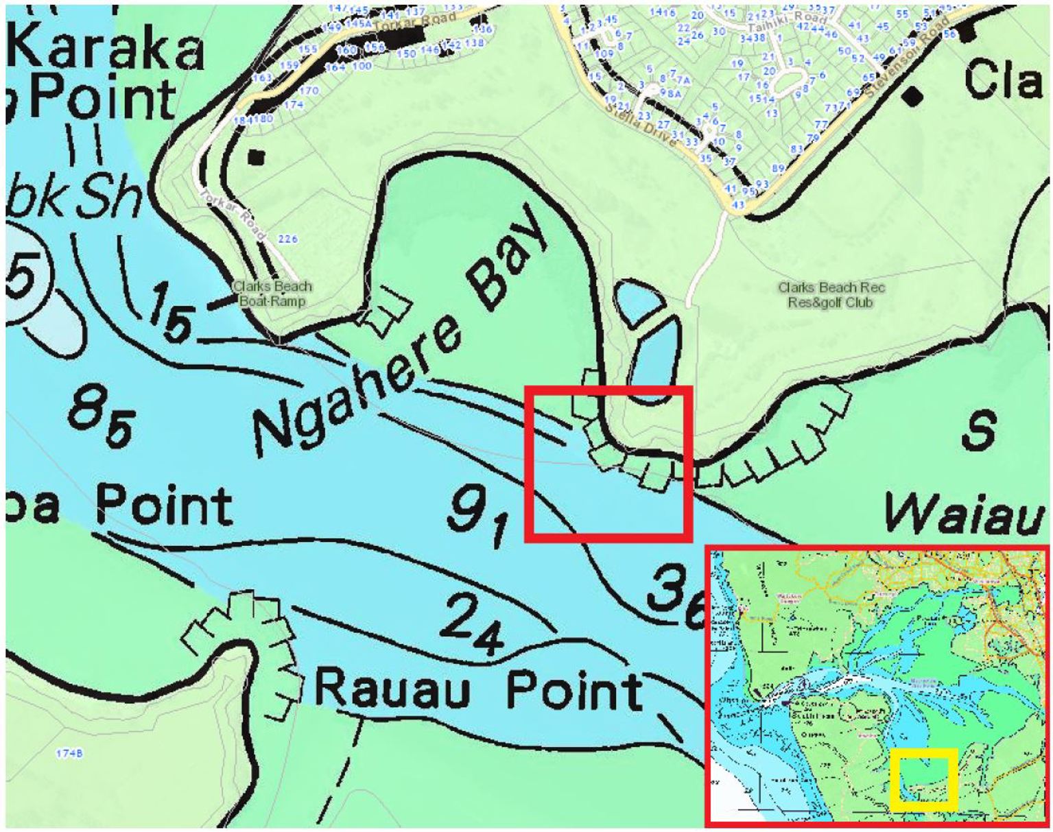 Map showing Ngahere Bay, Rauau Point, and Waiau area.