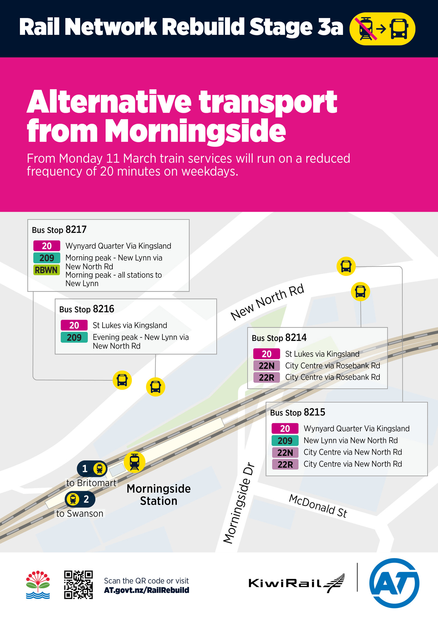 Poster showing alternative transport options from Morningside Station during Stage 3 of the Rail Network Rebuild