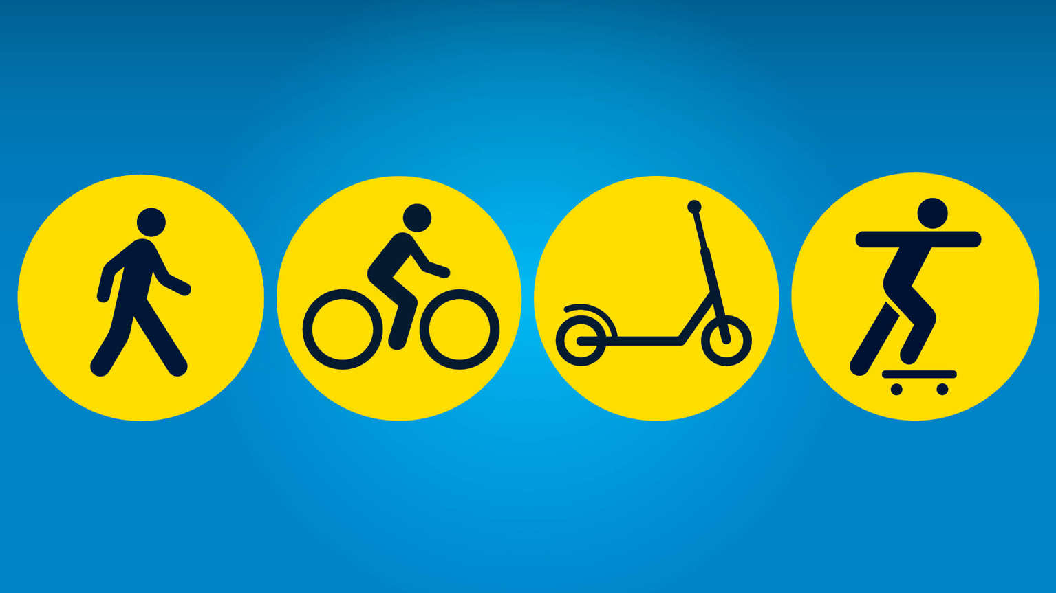 Blue background with four yellow circles. From left to right, the circles show a walking icon, cycling icon, scooter icon and skateboarding icon.