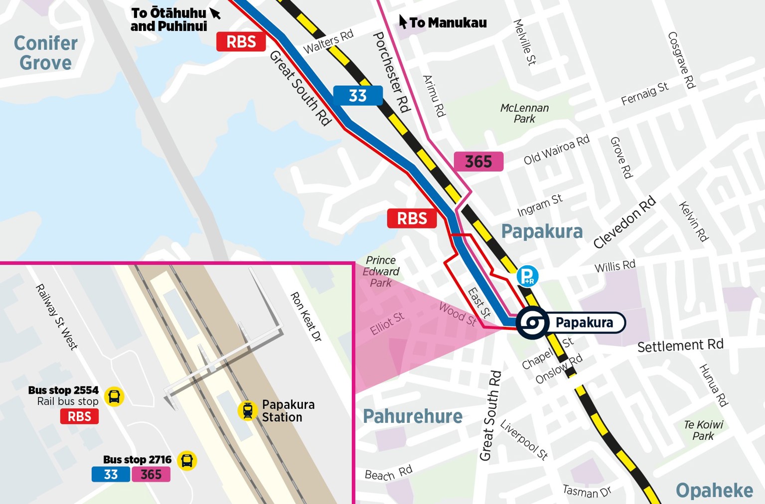 Map of alternative routes from Papakura Station