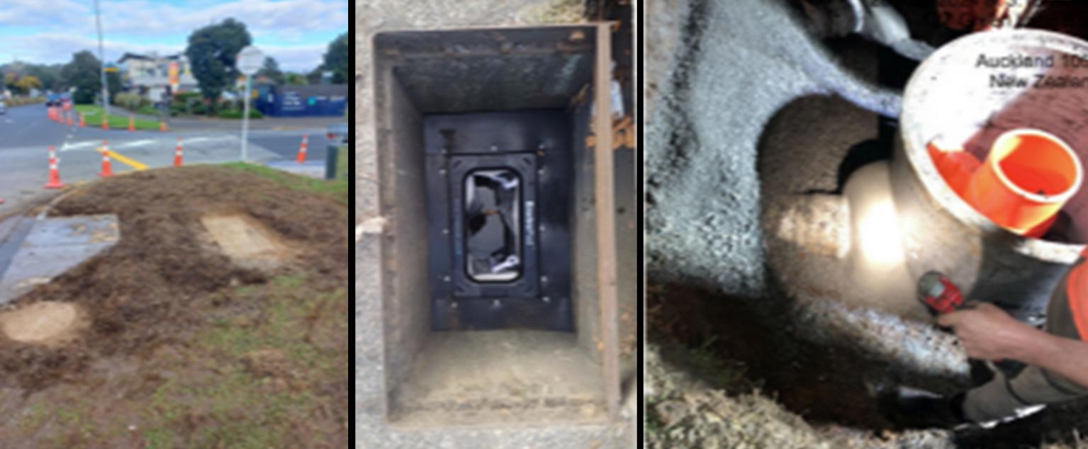 Three photos of the Greenlane East Road stormwater treatment devices.