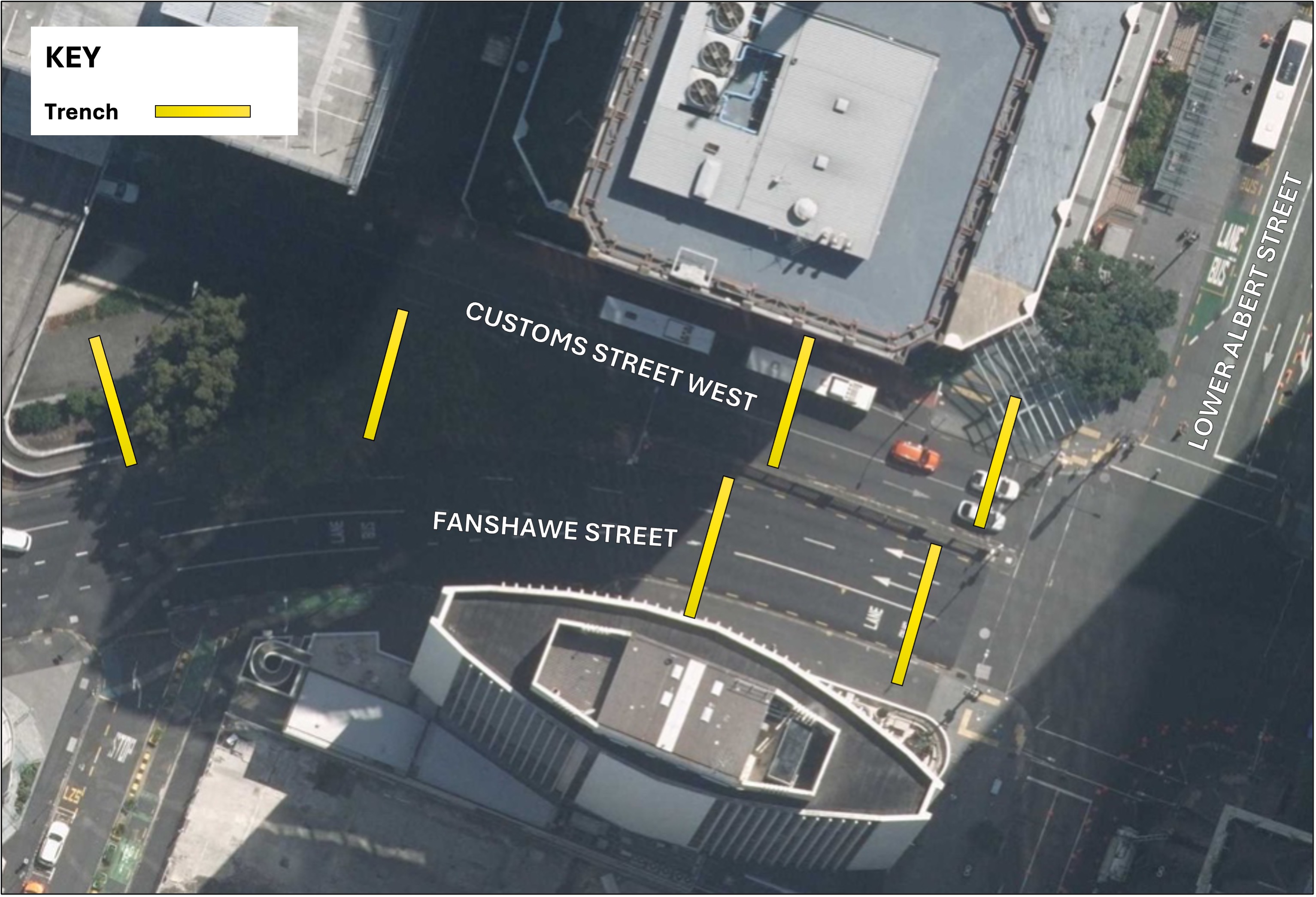Map showing location of trenches on Customs Street West and Fanshawe Street.