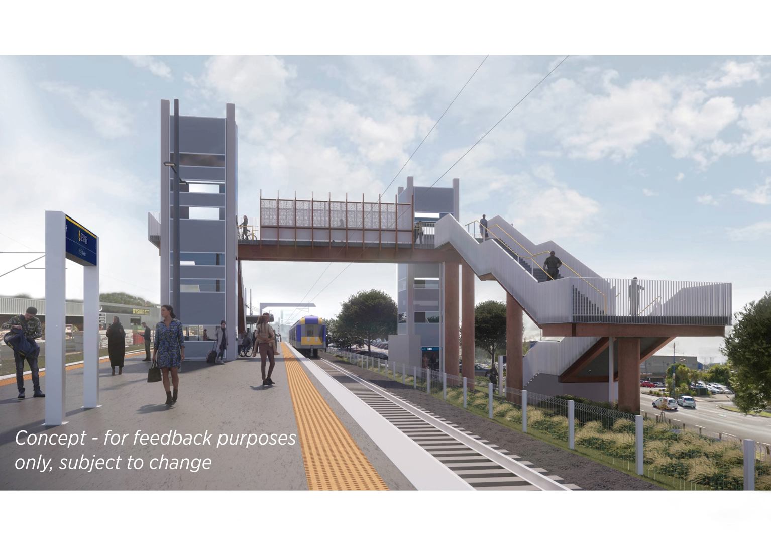 An artists impression of the new pedestrian overbridge at Glen Innes Station.
