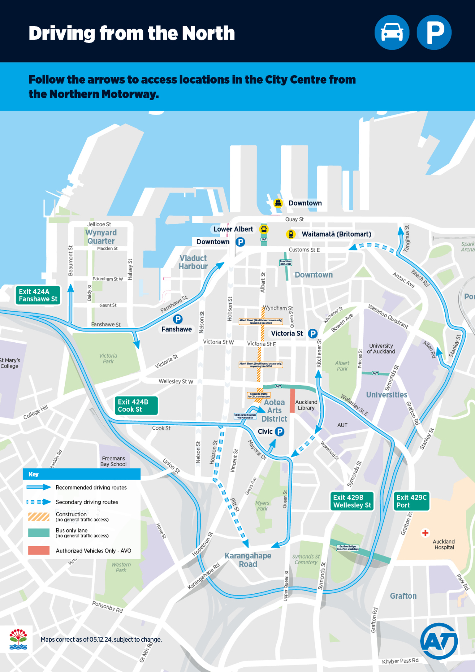 Map showing instructions on how to access locations in Auckland city centre from the northern motorway. 