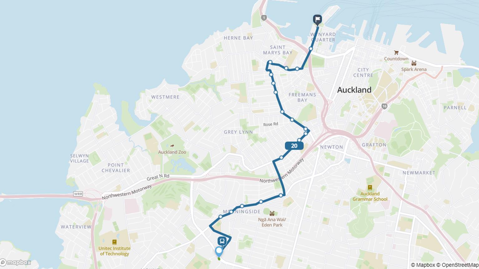 Map of St Lukes to Wynyard Quarter bus journey