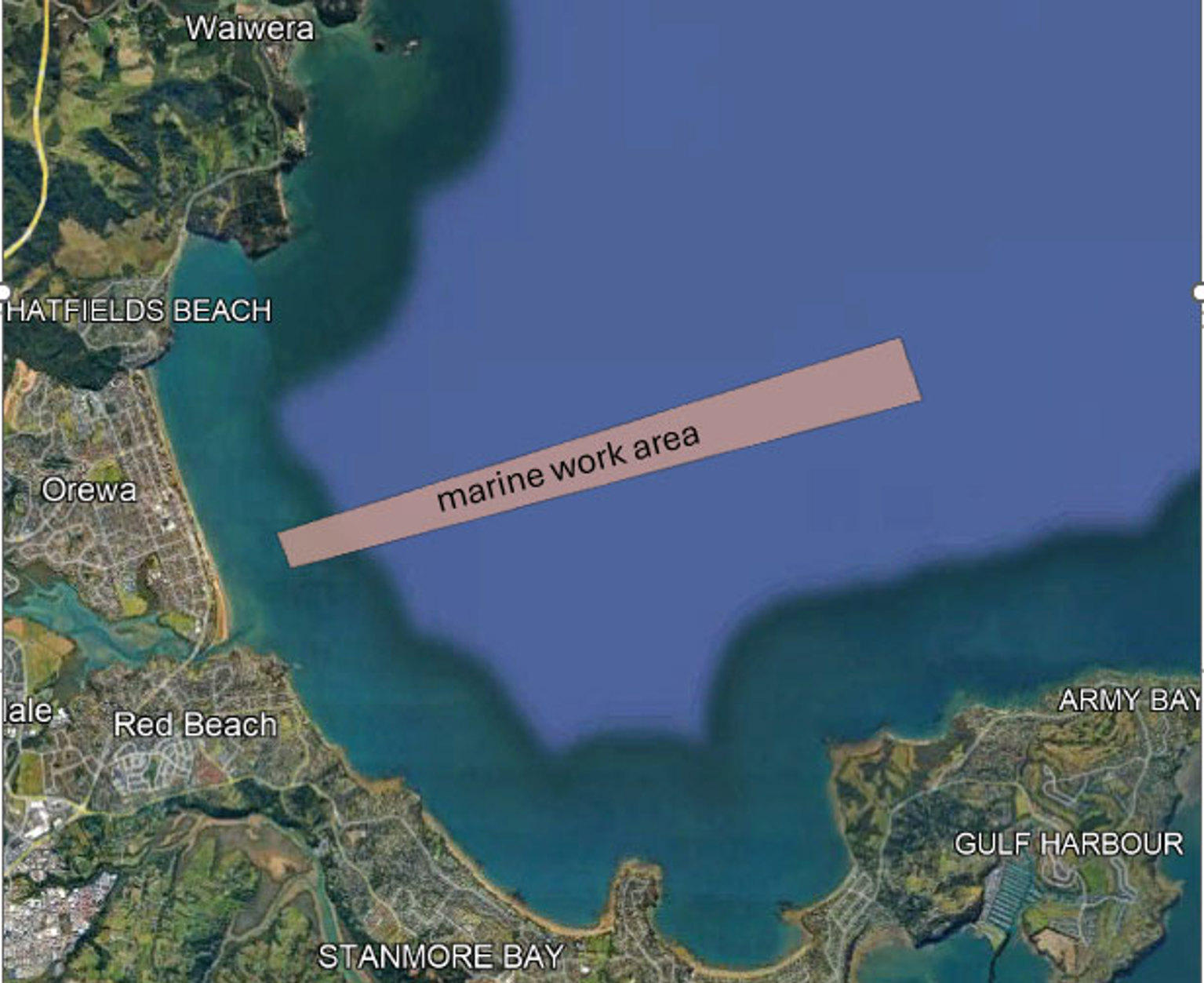 Map showing the marine work area for the submarine cable near Ōrewa beach.