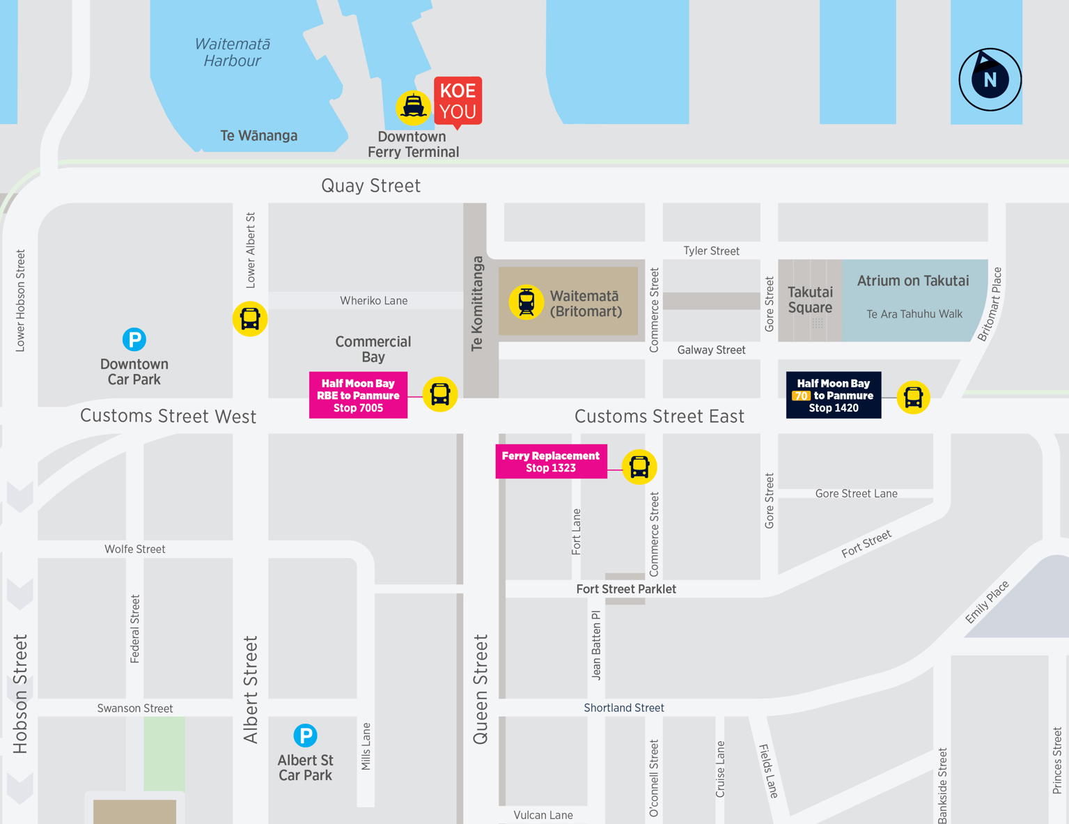 Map showing the ferry replacement bus stop locations along Customs Street East and West  in downtown Auckland.
