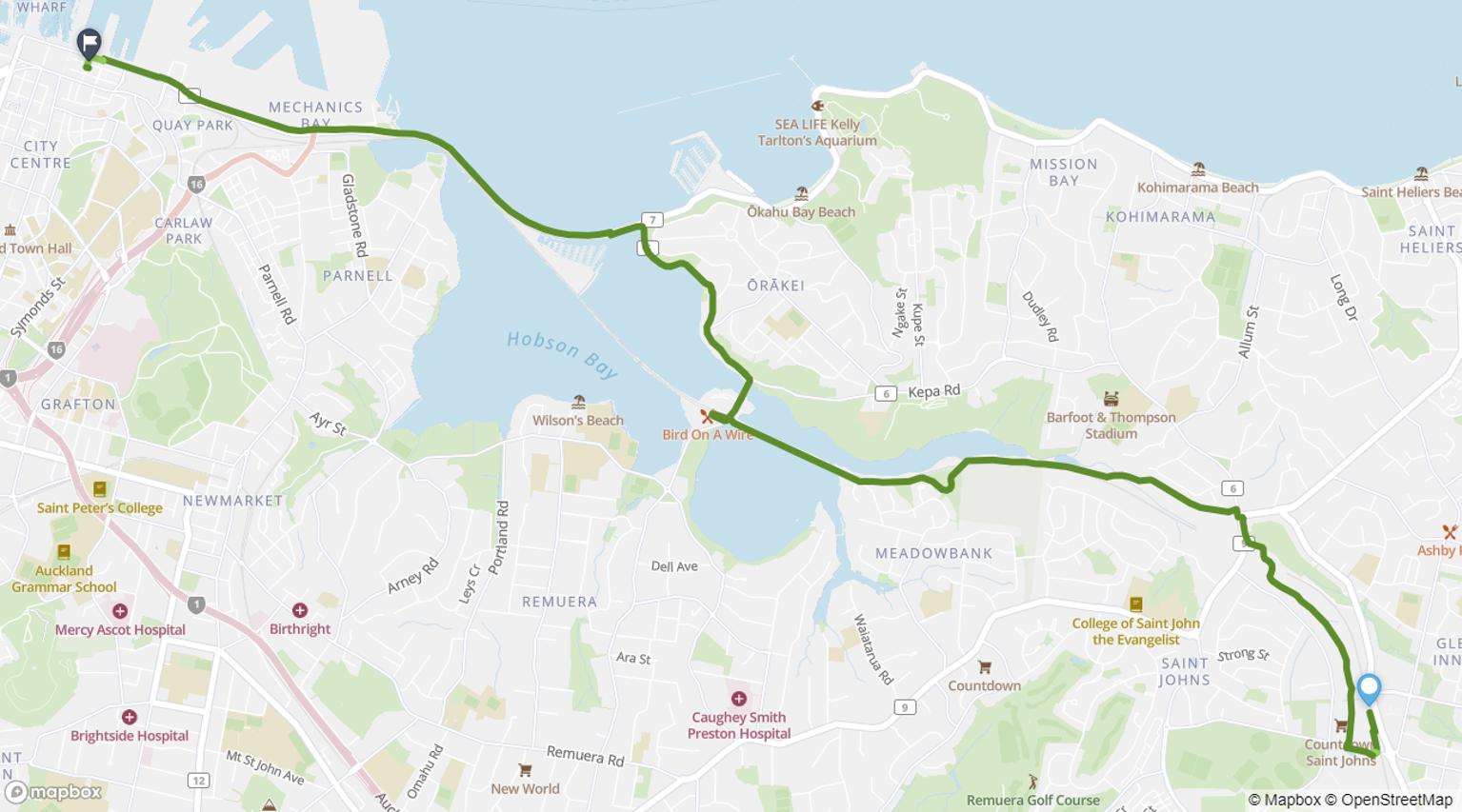 Map showing cycling route from Glen Innes Station to Waitematā Station (Britomart)