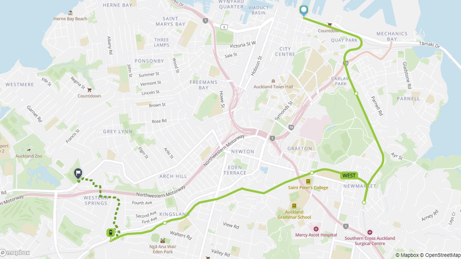 Map showing Britomart to Outer Fields Western Springs train journey