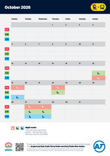 October 2026 Planned rail closures calendar