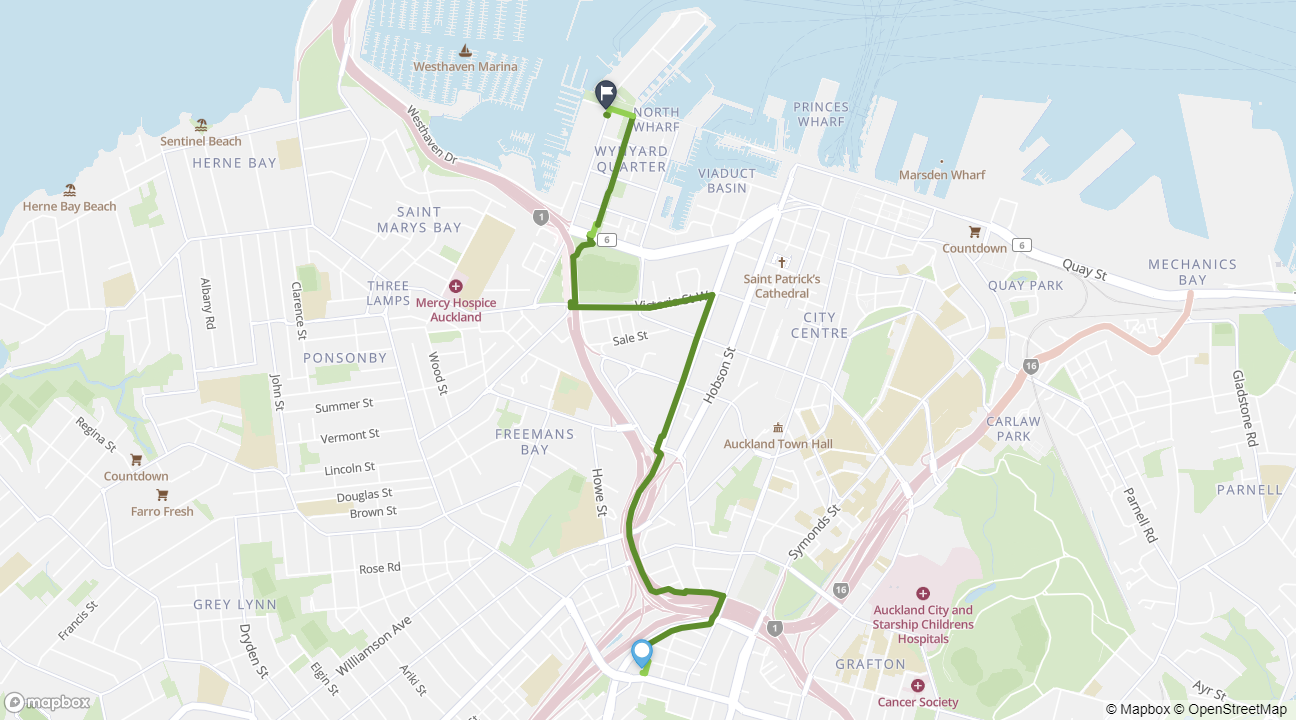 Map of cycling route from Newton to Wynyard Quarter