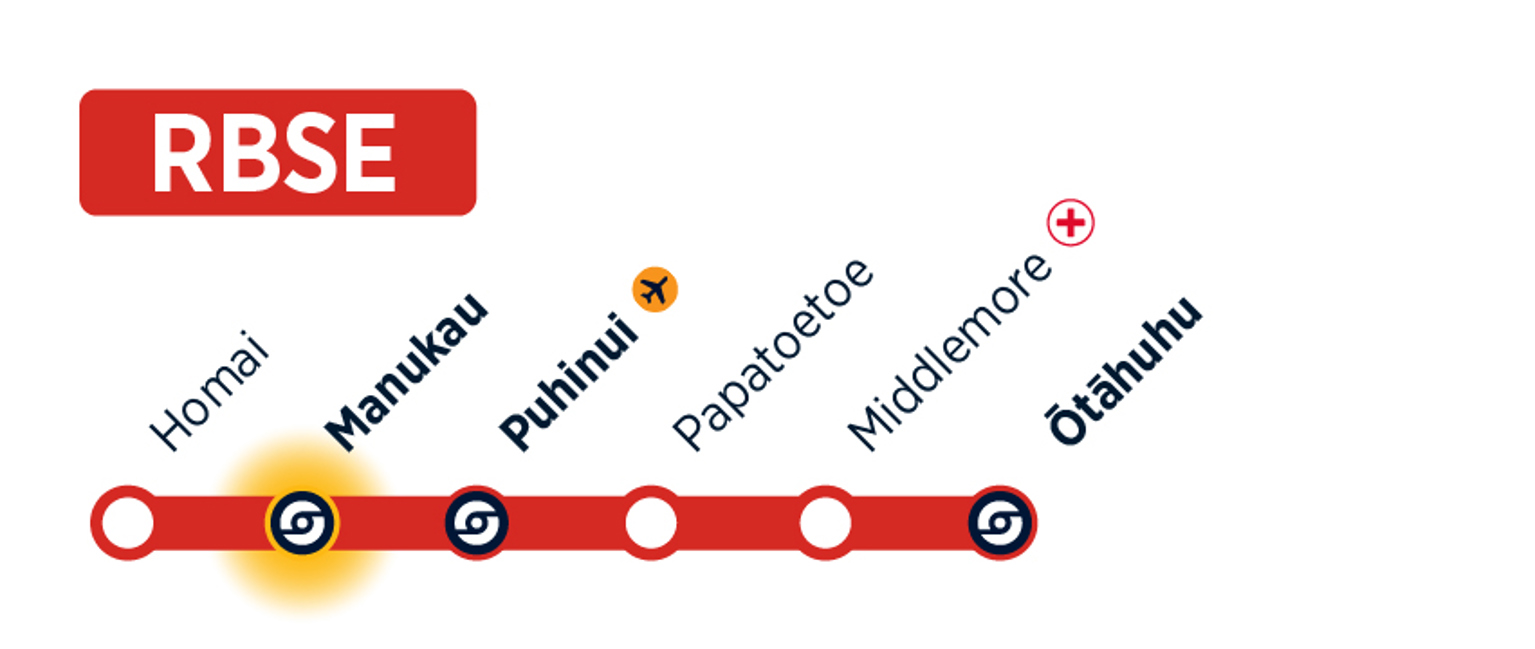 Map showing stops along the route of the Rail Bus South East to Homai via Manukau.