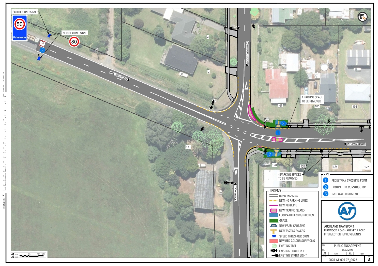 Map showing the proposed changes to the Birdwood Road and Helvetia Road intersection in Pukekohe.